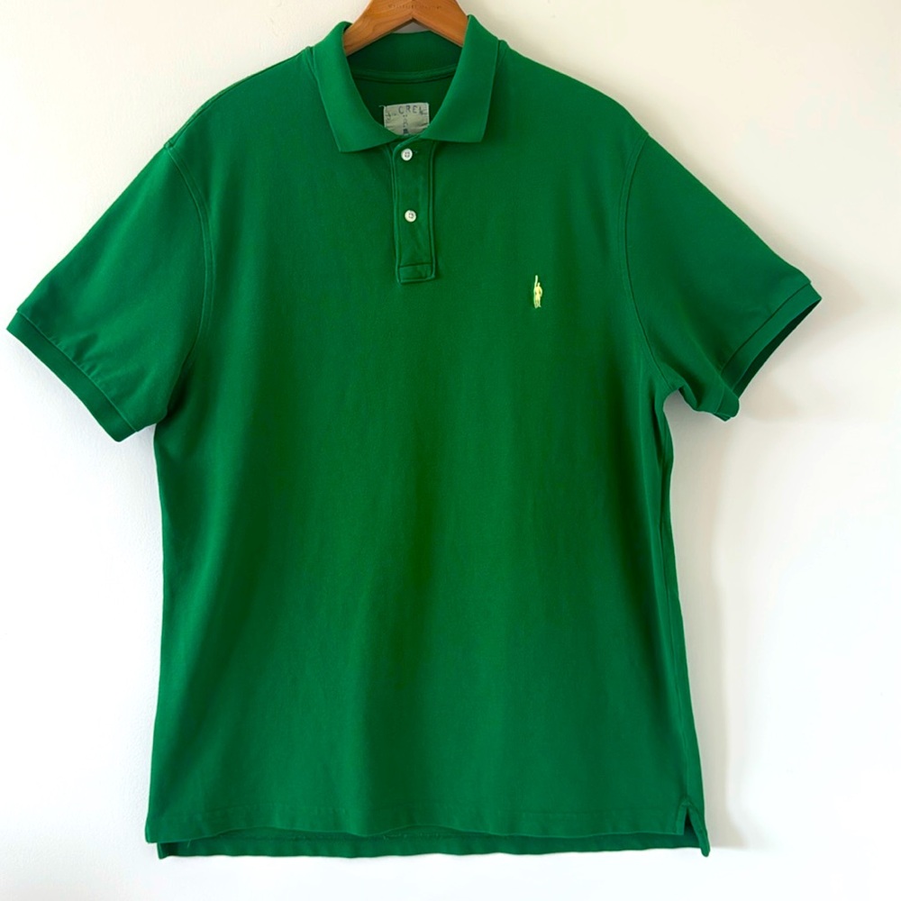 J.Crew Classic Pique Green Polo Shirt w/Yellow Oarsman Logo Size Large Excellent